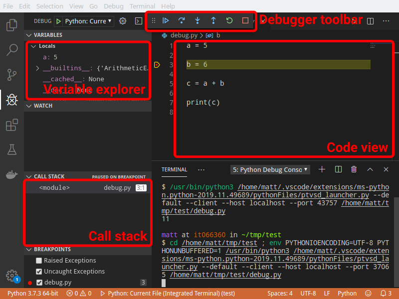 VS Code debug layout